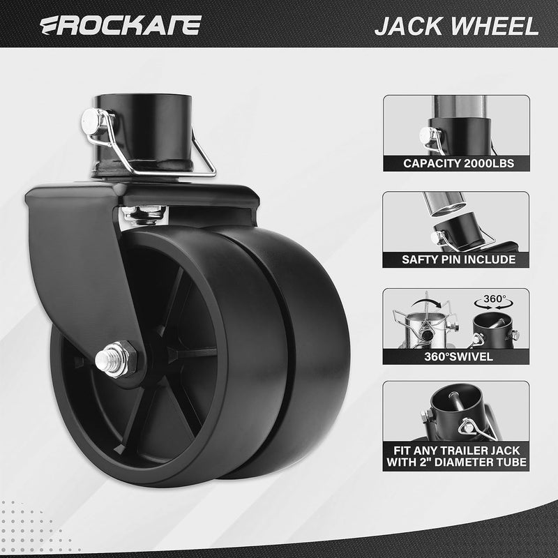 rockane Dual 6'' Black Trailer Jack Swivel Caster Wheel Replacement, Heavy Duty 2000lbs Capacity with Pin for Soft Ground Roll, Fits Any Boat Hitch Camper RV- Black - Image 3